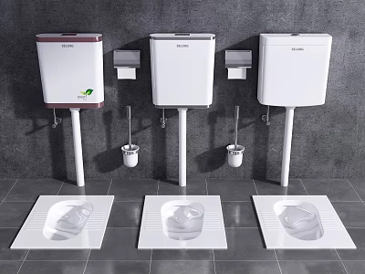 Three White Squat Toilets With Red Top Mounted On Grey Wall Tile Floor 3d model