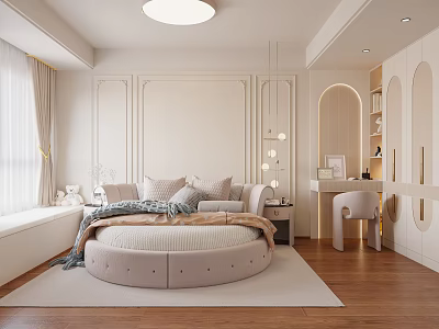 Cozy Kids Room Interior With Round Bed Soft Rug Desk Chair And Wooden Floor 3d model