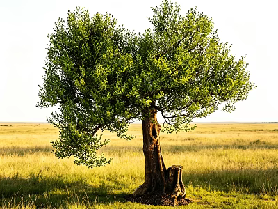 Lush Green Tree With Thick Trunk And Dense Foliage In Vast Sunlit Grassland 3d model