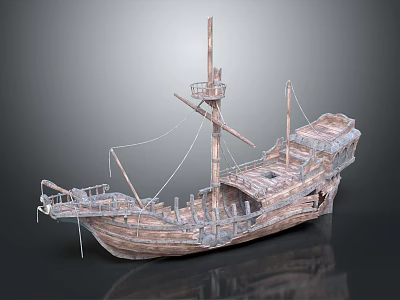 Vintage Wooden Ship With Mast Wooden Deck Ropes And Railings Design 3d model