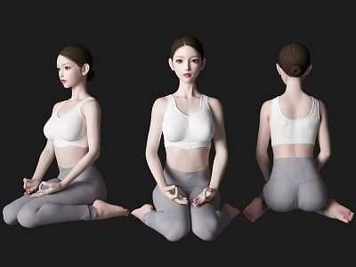 Woman Practicing Yoga In White Sports Bra And Gray Leggings Sitting Position From Three Angles 3d model
