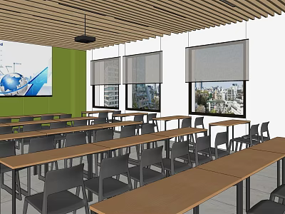 Spacious Conference Room With Wooden Ceiling Large Screen Green Wall And City View Windows 3d model