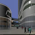 Modern Urban Commercial Street Featuring Tall Building Green Roof Plaza and Fountain Surrounded by Trees