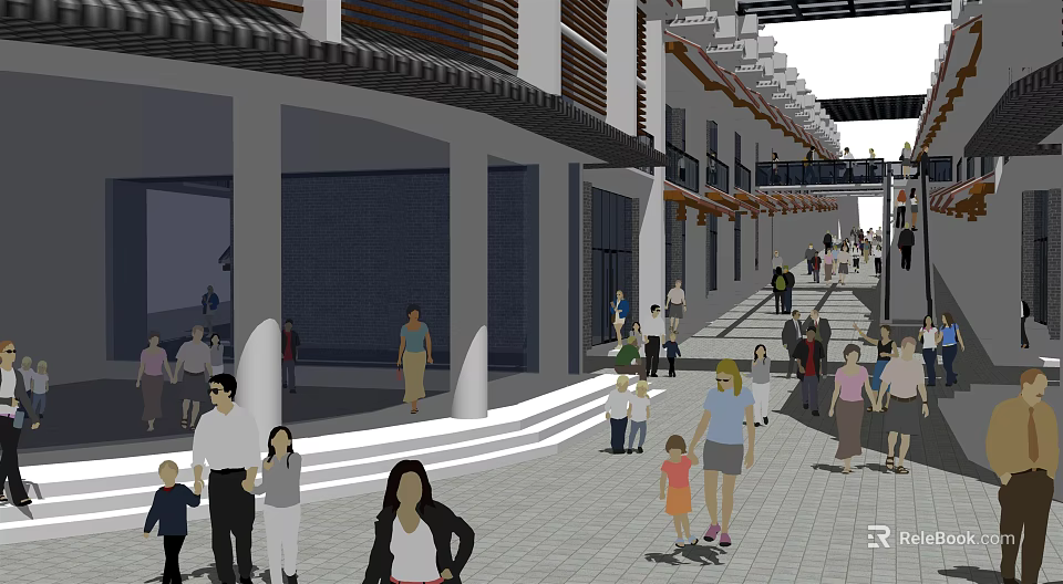 Vibrant Commercial Street With Pedestrians And Traditional Modern Style Buildings 3d model 
