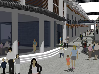 Vibrant Commercial Street With Pedestrians And Traditional Modern Style Buildings 3d model