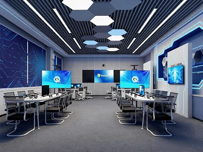 Modern Smart Classroom Interior With Multiple Digital Screens And Tech Equipment 3d model