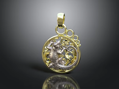 Elegant Golden Pendant Featuring Lizard Design And Bubble Decorations For Daily Use 3d model