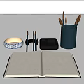 Open Blank Notebook With Calligraphy Brushes Ink Stone And Brush Holder 3d model