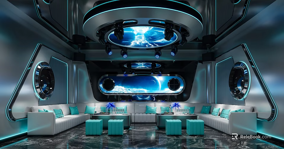 Modern KTV Lounge With Blue Lighting Circular Ceiling Large Screen And Comfortable Sofas 3d model