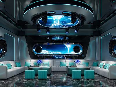 Modern KTV Lounge With Blue Lighting Circular Ceiling Large Screen And Comfortable Sofas 3d model