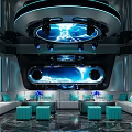 Modern KTV Lounge With Blue Lighting Circular Ceiling Large Screen And Comfortable Sofas