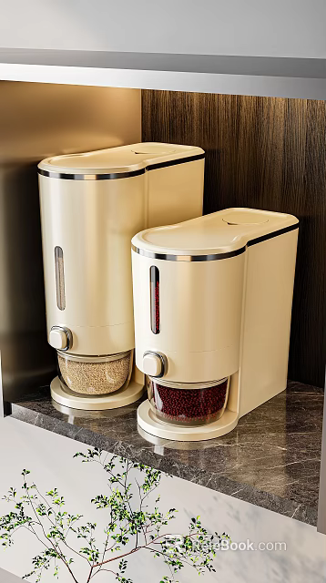 Modern Cream Colored Kitchen Appliances with Silver Trim Transparent Window Knobs and Grains Storage 3d model 
