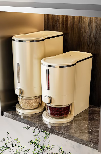 Modern Cream Colored Kitchen Appliances with Silver Trim Transparent Window Knobs and Grains Storage 3d model