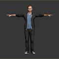 Man with outstretched arms wearing blue T-shirt black jacket canvas shoes against gray background
