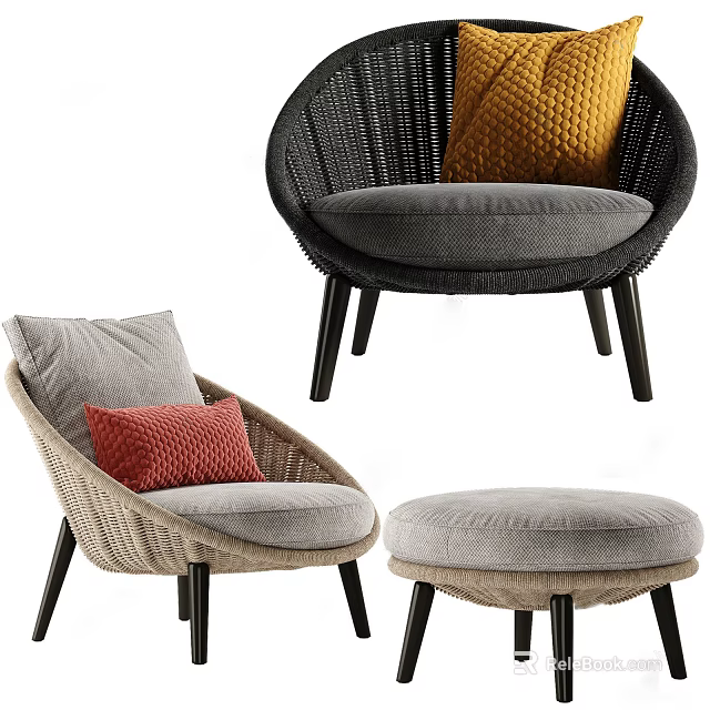Modern Woven Accent Chairs With Gray Beige Cushions Red Yellow Pillows And Matching Ottoman 3d model 