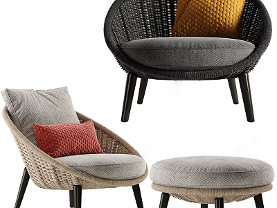 Modern Woven Accent Chairs With Gray Beige Cushions Red Yellow Pillows And Matching Ottoman 3d model