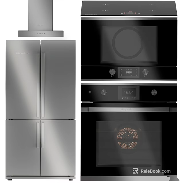 Kitchen Appliances Stainless Steel Double Door Refrigerator Black Built In Oven Microwave Range Hood 3d model 