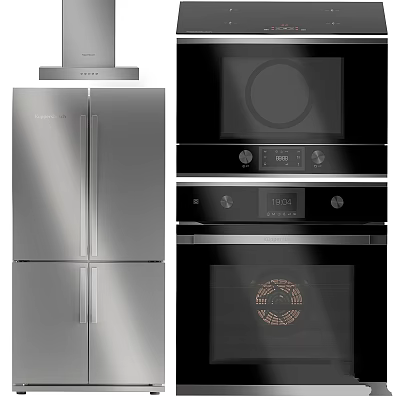 Kitchen Appliances Stainless Steel Double Door Refrigerator Black Built In Oven Microwave Range Hood 3d model