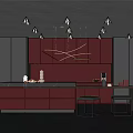 Modern Kitchen Interior Featuring Red Cabinets Black Countertop Island Pendant Lights And Bar Stools