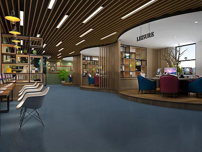 Modern Internet Cafe Interior With Comfortable Seats Computers Bookshelves And Green Plants 3d model