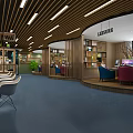 Modern Internet Cafe Interior With Comfortable Seats Computers Bookshelves And Green Plants