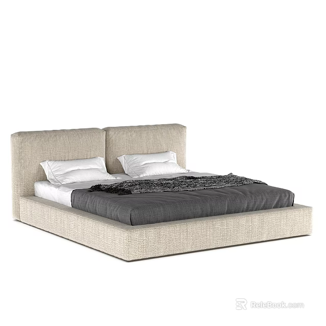Modern Beige Upholstered Double Bed With White Pillows And Gray Blanket 3d model