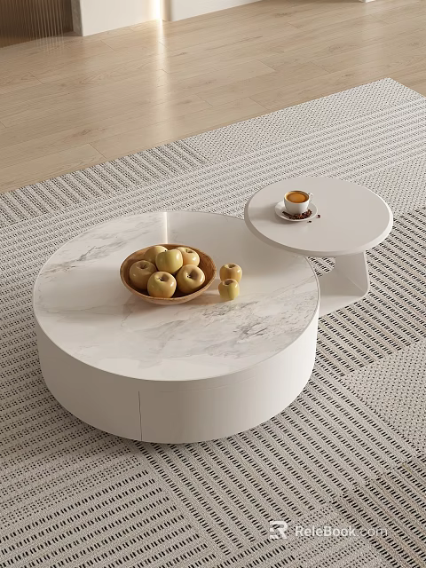 Round White Marble Coffee Table With Wooden Bowl Apples Side Table Cup Coffee On Rug 3d model 