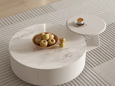 Round White Marble Coffee Table With Wooden Bowl Apples Side Table Cup Coffee On Rug 3d model