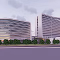 Modern Office Building Complex Featuring Glass Facades Green Landscaping And Open Plaza