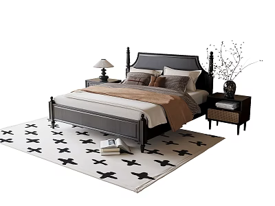 Elegant Nightstand with Table Lamp Vase and Books beside Four Poster Bed on Star Rug 3d model