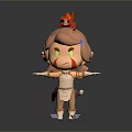 3D Cartoon Game Character With Orange Hair Red Creature On Head Yellow Eyes Red Stripes