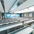 Modern Service Hall Interior With Rows Of Seats Service Counters And Digital Display Screens