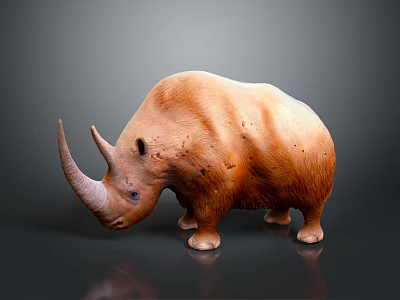 Brown Rhinoceros 3D Model With Large Horn On Black Background And Reflection 3d model