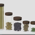 Transparent Glass Jars With Brown Lids Storing Various Colored Food Sticks And Chunks