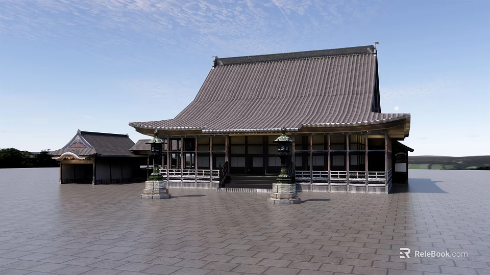 Ancient Architecture With Traditional Tiled Roof Wooden Structure And Stone Paved Ground 3d model 