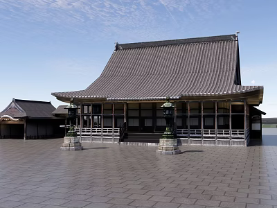 Ancient Architecture With Traditional Tiled Roof Wooden Structure And Stone Paved Ground 3d model