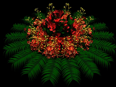Elegant Flower Arrangement in Vase with Red Flowers Golden Accents and Green Fern Leaves 3d model