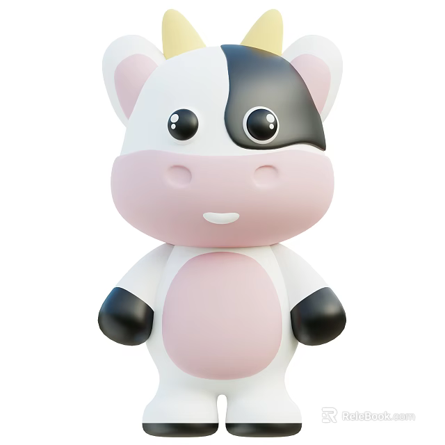 Cute Cartoon Cow Stuffed Toy With Big Eyes Pink Belly And Black Hooves 3d model 