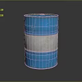 Blue Metal Barrel With White Horizontal Stripe And Worn Texture On Smooth Surface