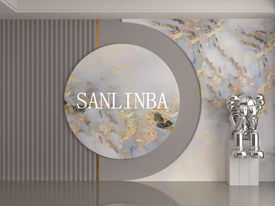 Modern Style Background Wall With Circular Marble Decoration Golden Texture And Silver Sculpture 3d model