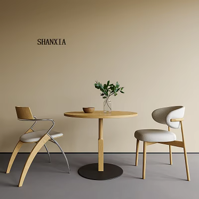 Modern Negotiation Table and Two Chairs with Round Wooden Top Vase Green Plants 3d model