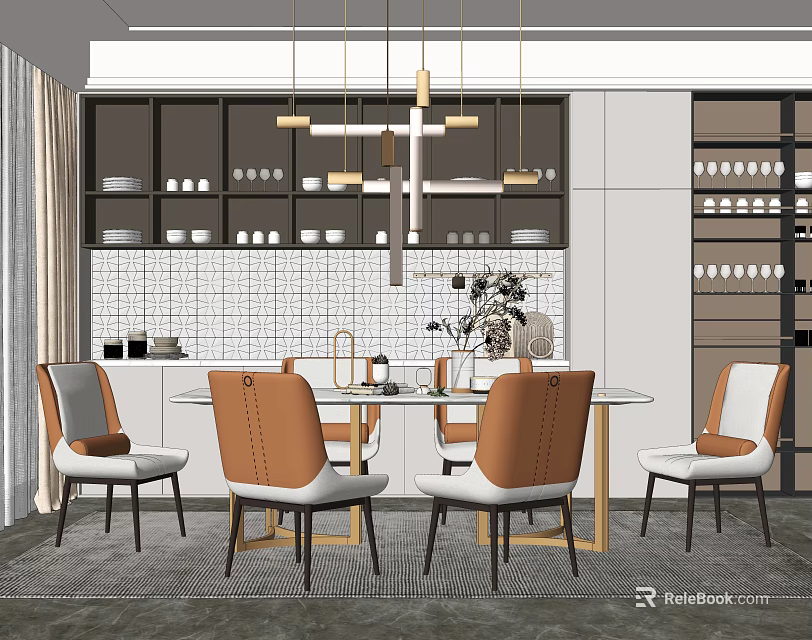 Modern Round Dining Table Set With Orange White Chairs And Pendant Lights 3d model