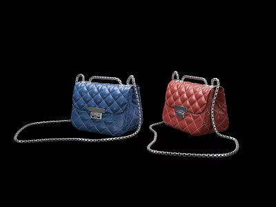 Stylish Quilted Blue And Red Crossbody Bags With Silver Chain Straps 3d model