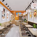 Modern Restaurant Interior With Wooden Tables Chairs Orange Lighting Wall Art And Green Plants