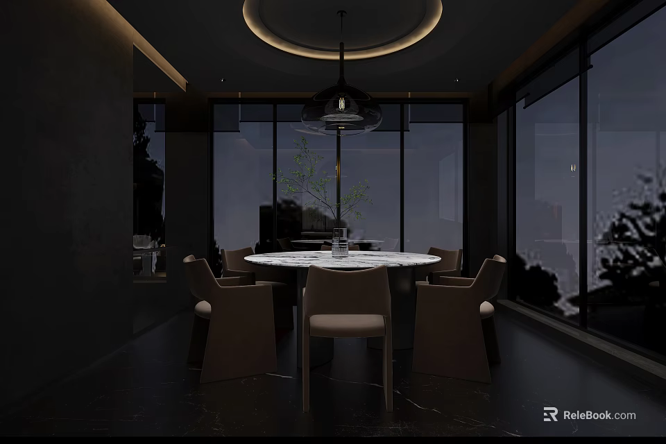 Modern Restaurant Interior With Round Marble Dining Table Hanging Lamp And Large Windows 3d model 