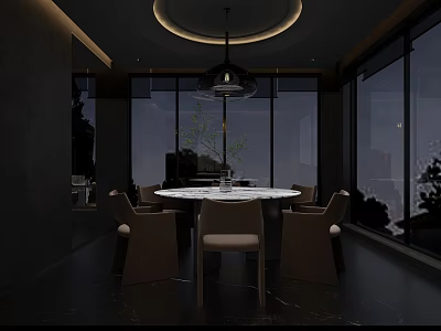 Modern Restaurant Interior With Round Marble Dining Table Hanging Lamp And Large Windows 3d model