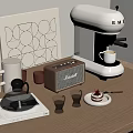 Cozy Modern Coffee Tabletop Setting With Coffee Machine Mugs Glassware Cake Plate And Dining Essentials