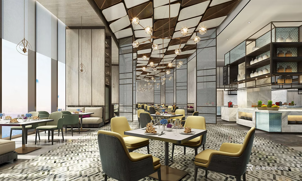 Modern Restaurant Open Design With Pendant Lights Marble Tabletops Floor to Ceiling Windows and Bar 3d model 