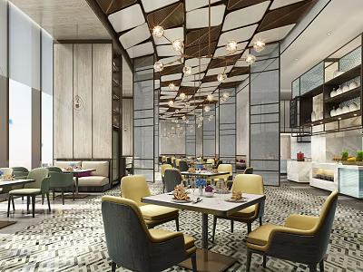 Modern Restaurant Open Design With Pendant Lights Marble Tabletops Floor to Ceiling Windows and Bar 3d model