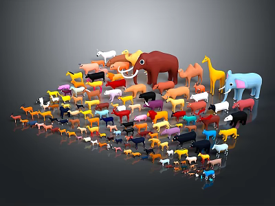 Scenery of Colorful Animal Models Including Elephant Giraffe Arranged in Hill Shape Against Gray Background 3d model